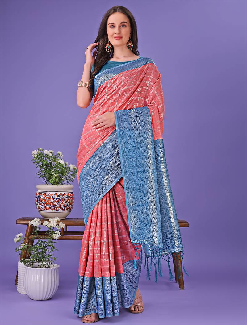 peach color woven lichi art silk blend saree 