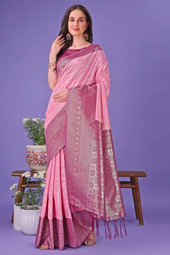 pink color woven lichi art silk blend saree 