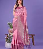 pink color woven lichi art silk blend saree 