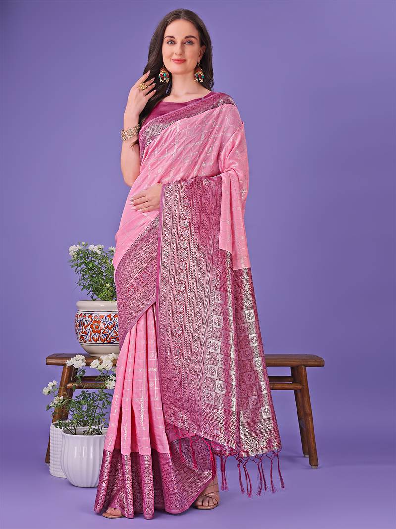 pink color woven lichi art silk blend saree 
