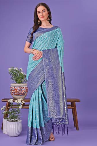 sea green color woven lichi art silk blend saree 