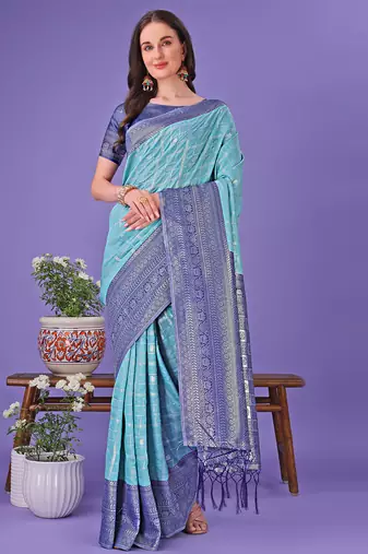 sea green color woven lichi art silk blend saree 