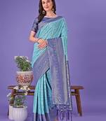 sea green color woven lichi art silk blend saree 