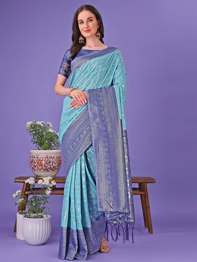 sea green color woven lichi art silk blend saree 