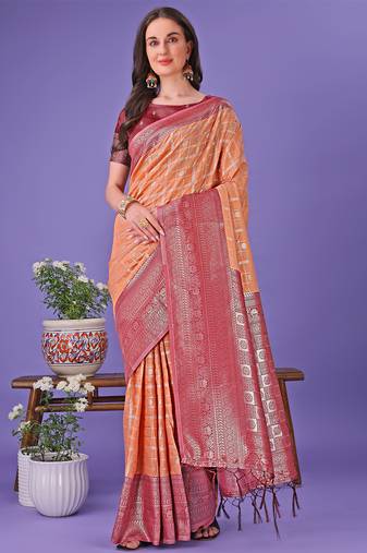orange color woven lichi art silk blend saree 