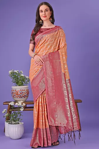 orange color woven lichi art silk blend saree 