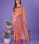 orange color woven lichi art silk blend saree 