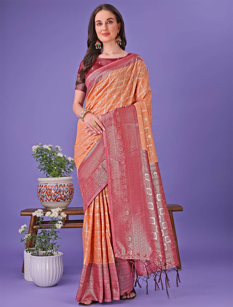 orange color woven lichi art silk blend saree 