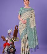 cream color woven lichi art silk blend saree 