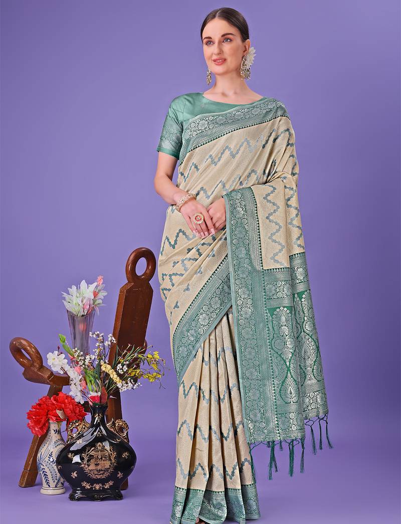 cream color woven lichi art silk blend saree 