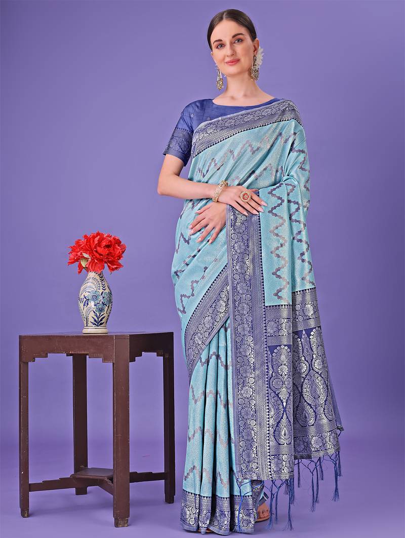 sky blue color woven lichi art silk blend saree 