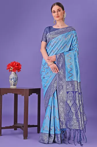 blue color woven lichi art silk blend saree 