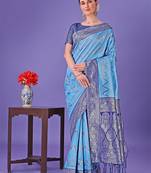 blue color woven lichi art silk blend saree 