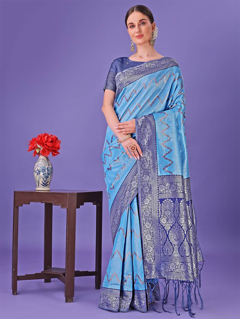 blue color woven lichi art silk blend saree 