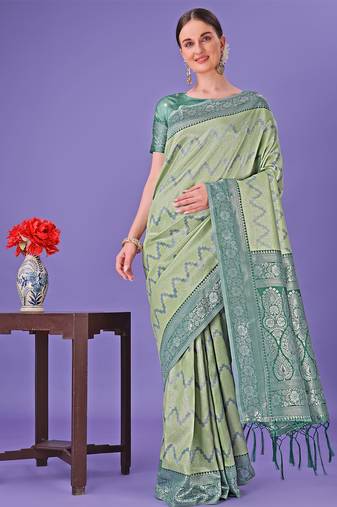 light green color woven lichi art silk blend saree 