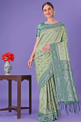 light green color woven lichi art silk blend saree 