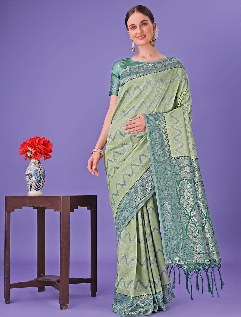 light green color woven lichi art silk blend saree 