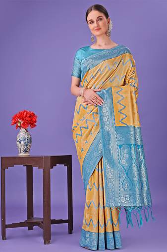 yellow color woven lichi art silk blend saree 