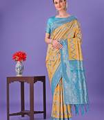 yellow color woven lichi art silk blend saree 