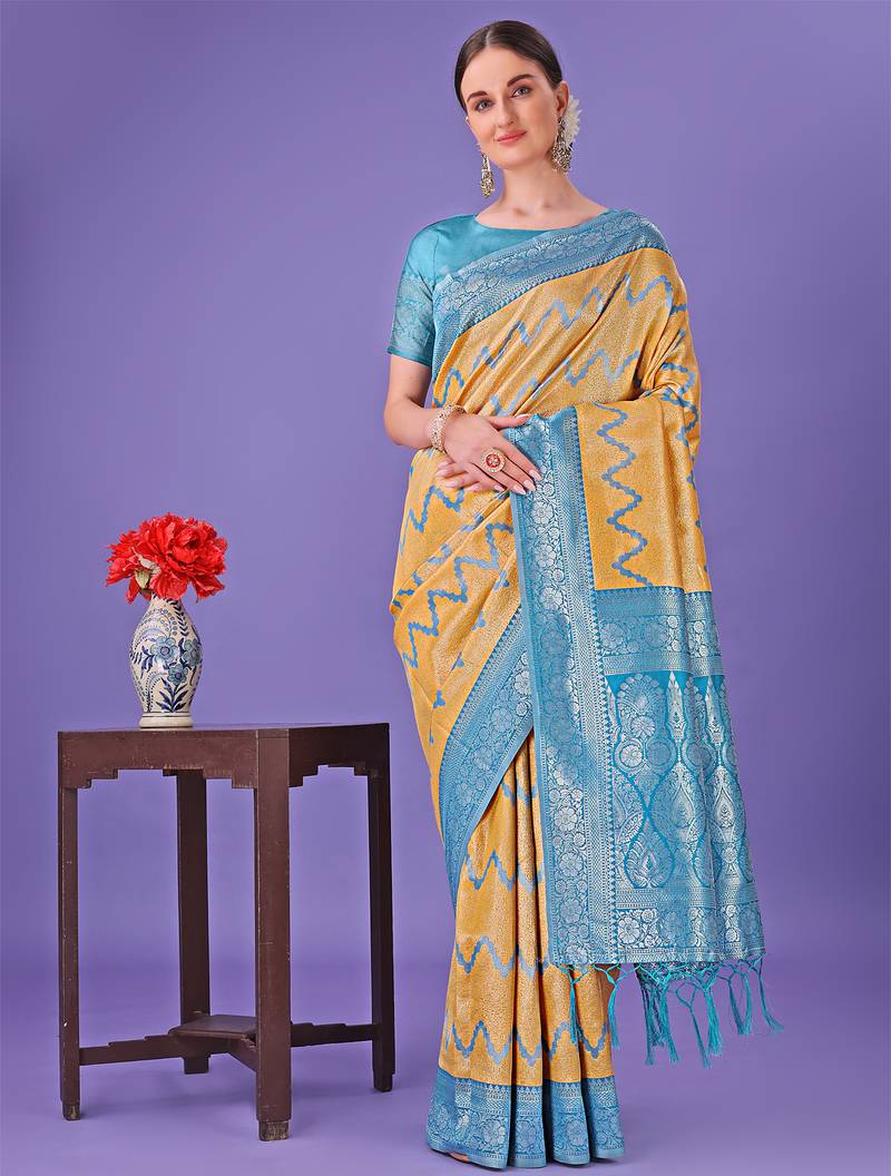 yellow color woven lichi art silk blend saree 