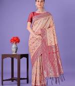 peach color woven lichi art silk blend saree 