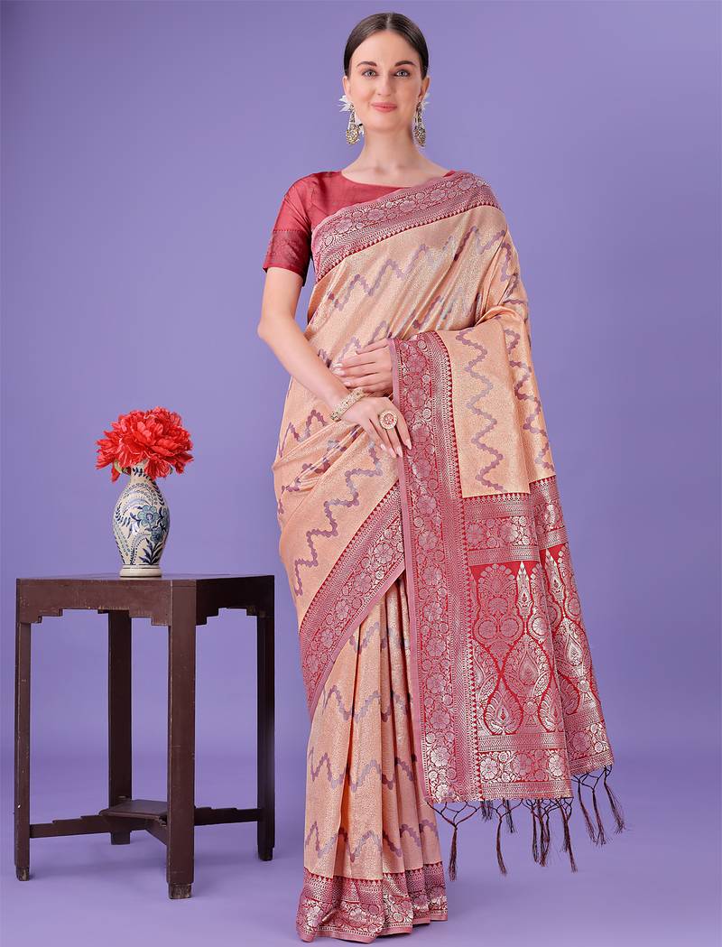 peach color woven lichi art silk blend saree 