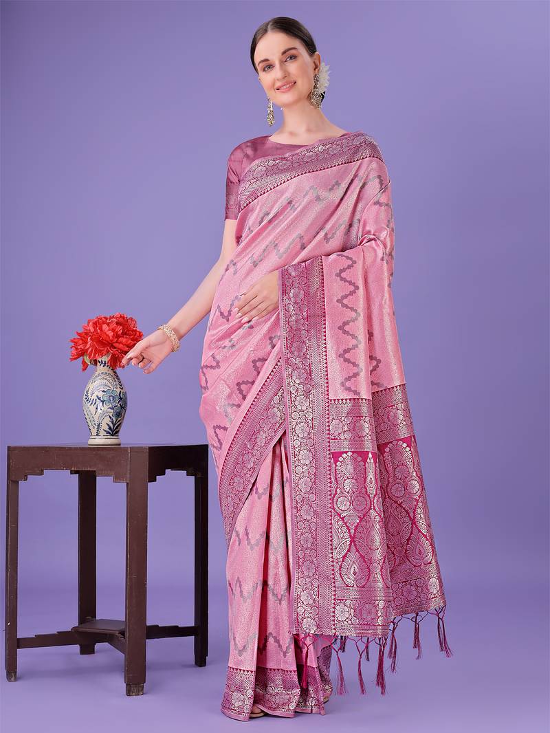 light pink color woven lichi art silk blend saree 