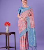 peach color woven lichi art silk blend saree 