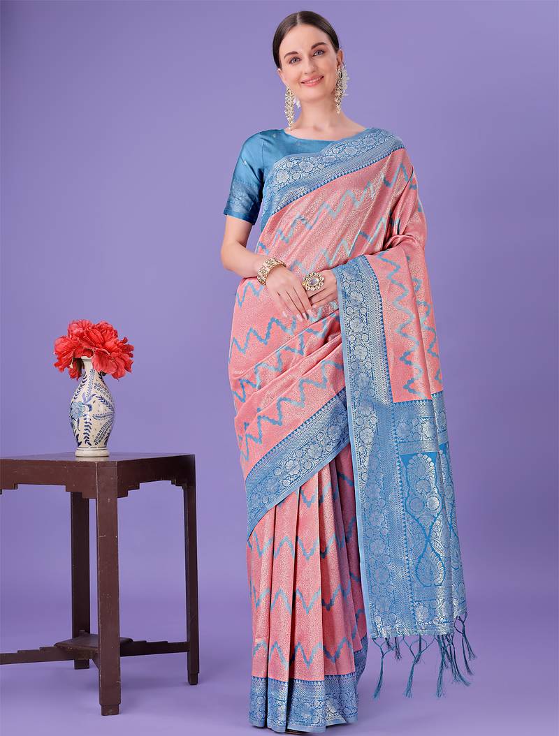 peach color woven lichi art silk blend saree 