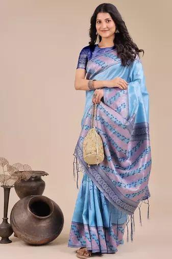 sky blue color woven art silk blend saree 