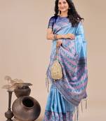sky blue color woven art silk blend saree 