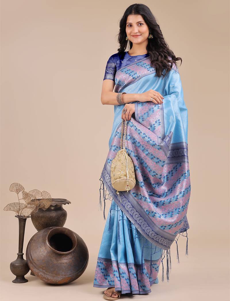sky blue color woven art silk blend saree 
