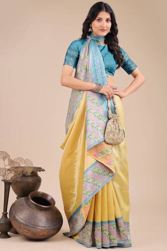 yellow color woven art silk saree with blouse