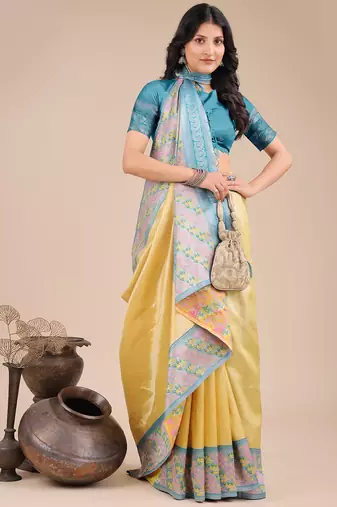 yellow color woven art silk saree with blouse