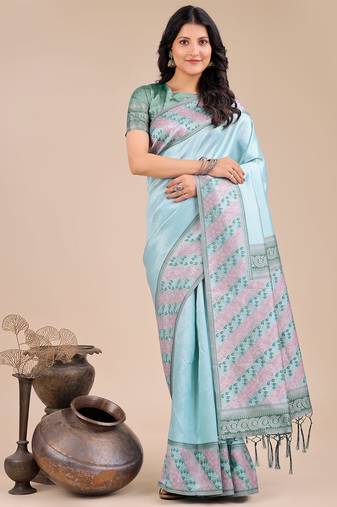 teal color woven art silk saree with blouse