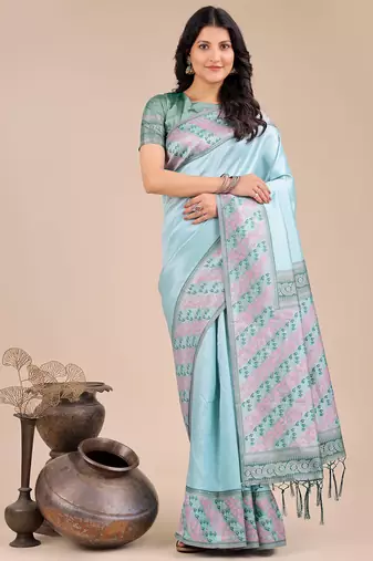teal color woven art silk saree with blouse