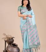 teal color woven art silk saree with blouse