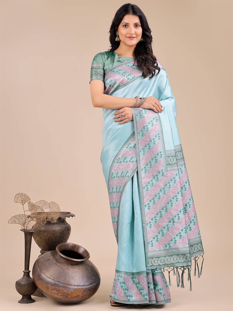teal color woven art silk saree with blouse