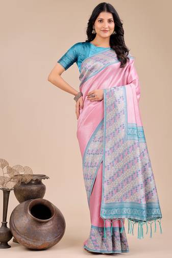 light pink color woven art silk saree with blouse