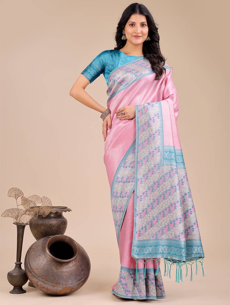 light pink color woven art silk saree with blouse