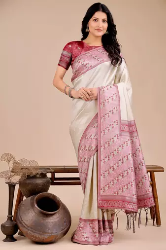 cream color woven art silk saree with blouse