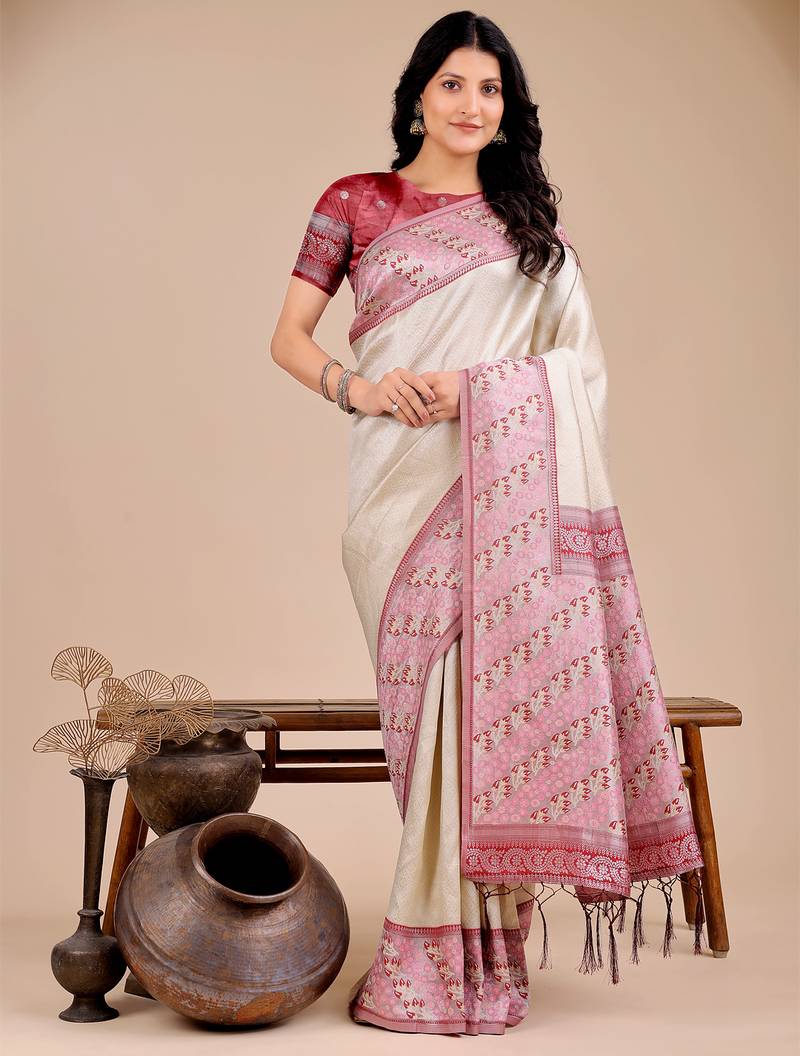 cream color woven art silk saree with blouse
