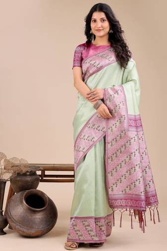 light green color woven art silk saree with blouse