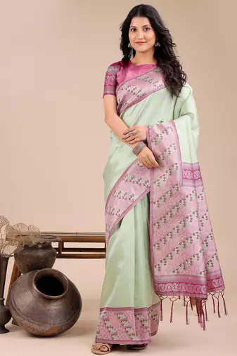 light green color woven art silk saree with blouse