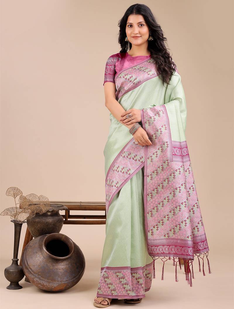 light green color woven art silk saree with blouse