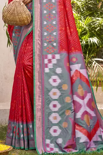 red color woven work pochampally art silk blend saree