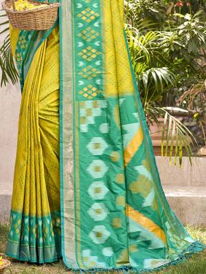 Yellow color woven work pochampally art silk blend saree 2