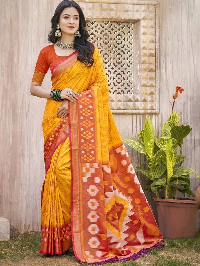 yellow color woven work pochampally art silk saree