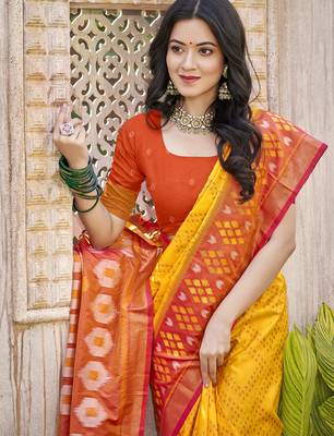 yellow color woven work pochampally art silk blend saree 3