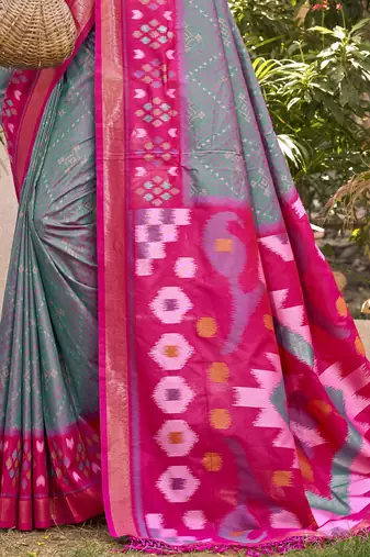 grey color woven work pochampally art silk blend saree